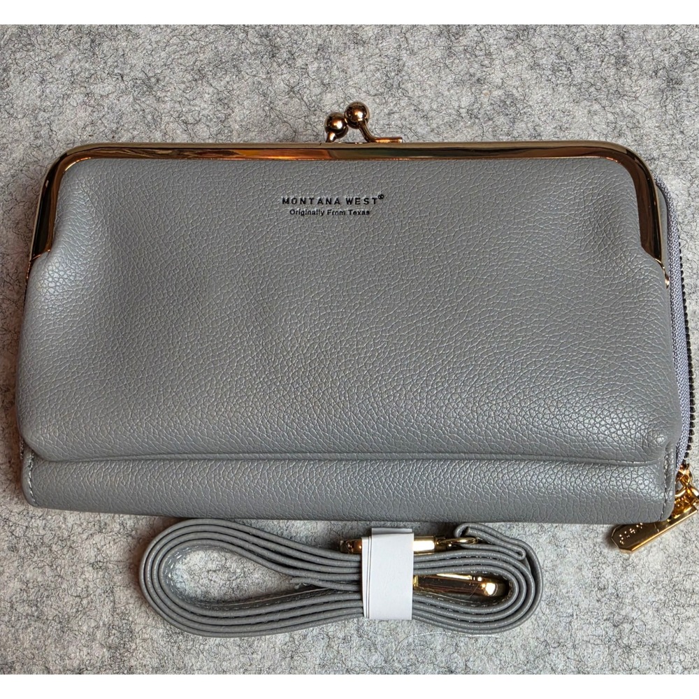 Montana West Grey Vegan Leather Crossbody Wallet Kiss Lock Cell Phone Bag NWOT